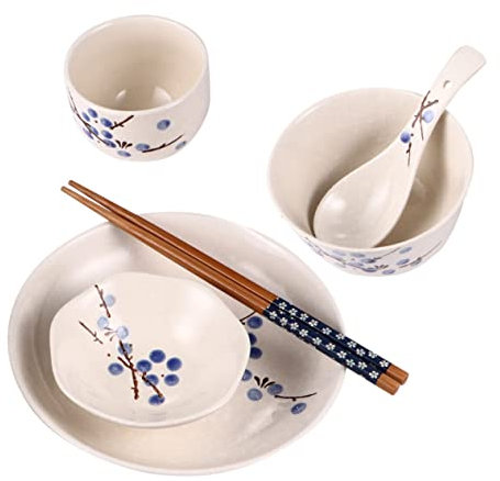 KICHOUSE 1Set Japanese Style Ceramic Tableware for Single Use Plates and Bowls for Dining Home Kitchen Tableware