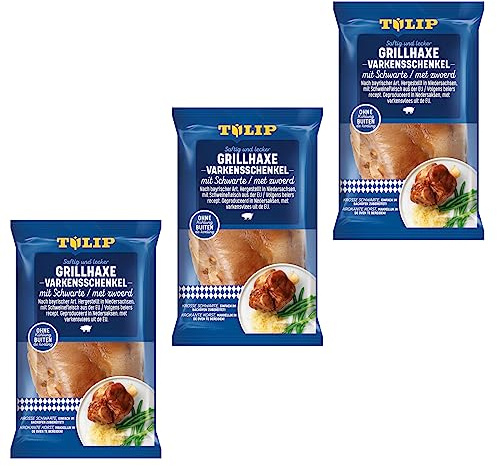TULIP 3x 600 g Grill-Haxe mit Schwarte | Tafelfertig Kross Gegart Vakuumverpackt | Schweinshaxe einfach im Backofen zubereitet in ca. 30-40 Minuten | Ohne Kühlung