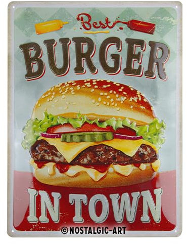 Nostalgic-Art Retro Blechschild, 30 x 40 cm, Best Burger in Town – Geschenk-Idee für Diner-Fans, aus Metall, Vintage Design, Blechschilder Sprüche