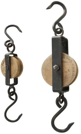 ReWu Garderobenhaken Wandhaken Flaschenzug aus Mangoholz und Metall Antikes Design 20-27 cm 2teiliges Set