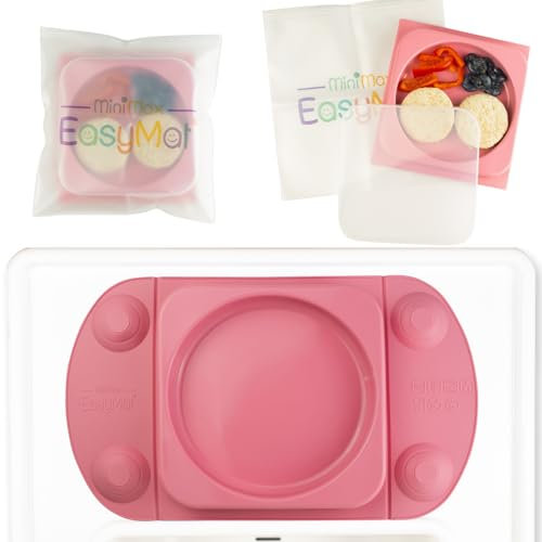 EasyMat MiniMax Silicone Baby Weaning Suction Open Bowl Plate by EasyTots | Strongest 5-Point Suction Feeding Mat with Lid and Carry Case for High Chair Feeding and Travel (Pink)