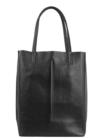 lePelou Leder Shopper, große Handtasche, Leder Umhängetasche, große Beuteltasche aus Leder, Einkaufstasche, Leder Schultertasche (Schwarz)