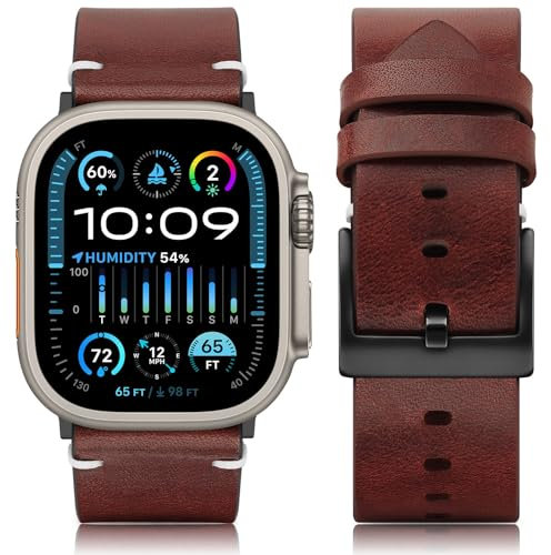 HITZEE Leather Straps Compatible with Apple Watch Strap 49mm 46mm 45mm 44mm 42mm, Handmade Vintage Genuine Leather Band Compatible with Apple Watch Ultra 2 SE2 SE Series 10 9 8 7 6 5 4 3, Dark Brown