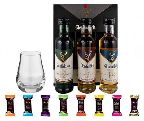 Glenfiddich Whisky 3 Miniaturen je 50ml mit Glas & 8 Edelschokoladen | Glenfiddich Single Malt Whisky Geschenkkarton 12 Jahre, 15, 18 & SpeyDram Glas & Edelschokoladen 8 Sorten Genießerset