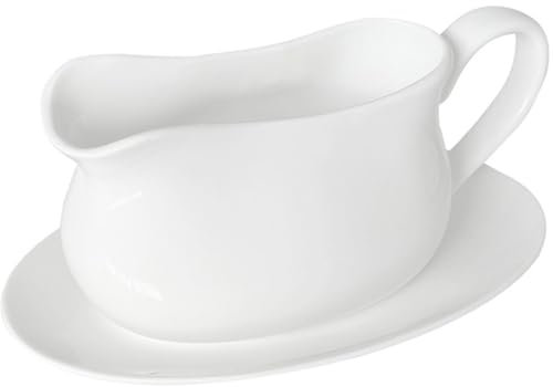 Qlans 17oz Gravy Boat with Saucer Stand, Set of 1, Ceramic Sauce Boat with Tray for Salad Dressings,ketchup, Creamer, Broth, Black Pepper, White