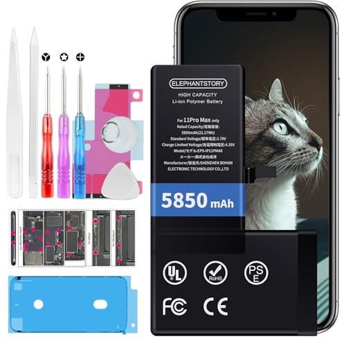 Akku für iPhone 11 Pro Max 5850 mAh Hohe Kapazität Akku A2218 A2161 A2220 Interner Ersatzakku mit Komplettem Reparaturset, Anleitung und Schraubplatte