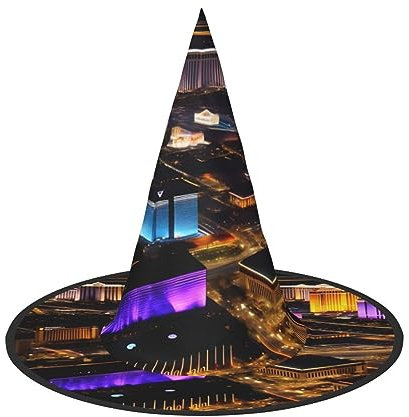 SABFWF Las Vegas Hexenhut mit Nachtansicht für Halloween, vielseitige Halloween-Hüte, faltbare Zaubererhüte, Hexenhüte