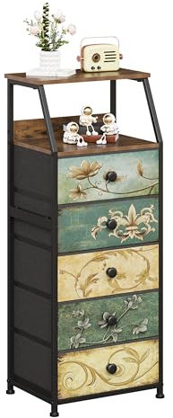 VEDECASA Narrow Chest of Drawers Bedroom Storage Drawers Bedside Table with 5 Drawers Nightstand Side Table for Living Room Bedroom Sofa Couch Closet Wood Top Metal Frame Easy to Assemble