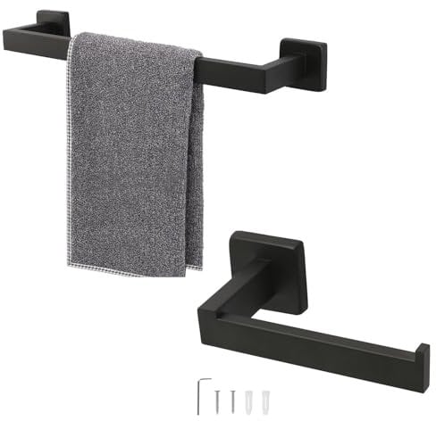 Square 16 Inch Bath Towel Rack and Toilet Paper Holder, SUS304 Stainless Steel Wall Mounted Towel Bar & Bathroom Tissue Holder, Bathroom Accessory for Bathroom Kitchen Office(Matte Black)