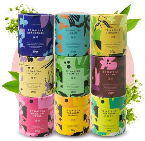 Matchaflix Pack Matcha 9 Sabores | Té Matcha Premium: Vainilla, Fresa, Mango, Melón, Arándanos, Jengibre, Cacao, Coco | Incluye Batidor, Vaso y Cuchara | Regalo Ideal