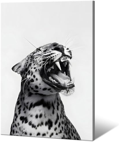 Lustige Tierposter Schwarz-Weiß Leopard Brüllend Wandkunst Vintage Geparden-Dekor Trendiger Druck Leinwand Eklektische Wildtier Ästhetische Drucke für Wohnzimmer Schlafzimmer Badezimmer Poster 30x40cm