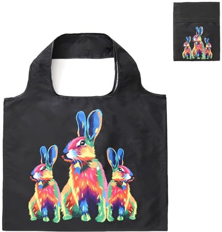 Lin’s Liliana große Einkauftasche faltbar 50x40cm, Handtasche mit Tierdruck, wiederverwendbar reißfest Einkauftasche handlich leicht Tasche für Einkauf Reise Ausflug (Schwarz Hase)