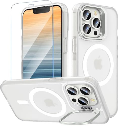OWKEY Magnetisch für iPhone 13 Pro Hülle mit Ständer,Durchscheinend Matt Schutzhülle mit Panzer Schutz Glas,Kompatibel mit MagSafe,Militär Stoßfest Handyhülle für iPhone 13 Pro,Halbtransparent