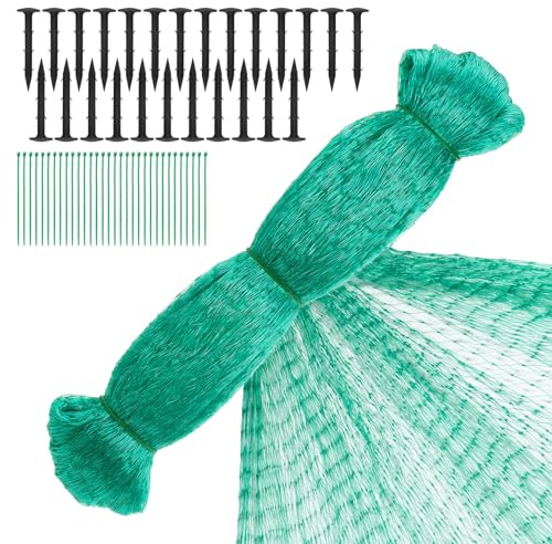 Coolty 4x10M Garden Netting for Plants Fruit Veg Patch Grass Seeds, Anti Bird Netting Kit with 40pcs Ground Spikes and 100pcs Ties, Pond Netting Cover,Plant Netting (Green)