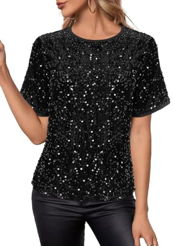 Segreto Damen Glitzer Pailletten Tops Short Sleeved Rundhals Locker Oberteil Glänzende Party Bluse T-Shirts Festliches Outfit, Schwarz Mesh Pailletten/L
