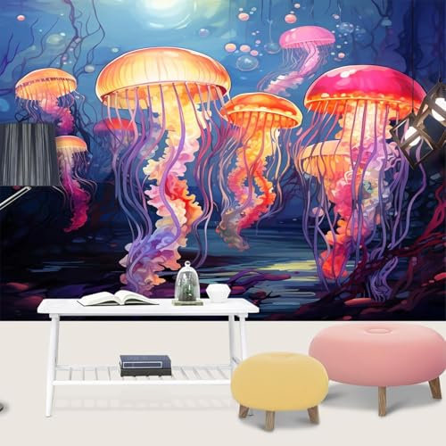 Bunte Cartoon-Quallen Fototapete 3D Effekt,Ozean-Wasserpflanzen-Landschaft,Fototapete Wandtapete Schlafzimmer Wohnzimmer Wand tapete poster,150x105cm