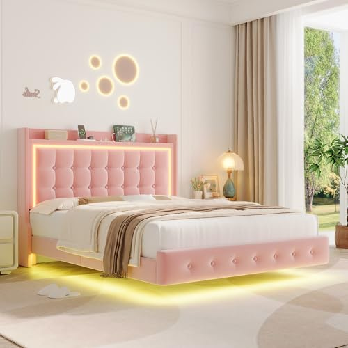 Keyluv Floating Bed Frame with RGB LED Lights and Charging Station, Velvet Platform Bed with Storage Head Buttons, Charging Ports Type C and USB, Not Required