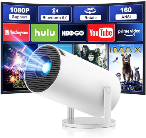 Quilted Northern Beamer, 4K Full HD 1080P Mini Projector, 180°Dreh Videoprojektor Unterstützt 2.4/5G Dual WiFi6, Bluetooth5.0 mit Android und OS 11.0, Auto Trapezkorrektur, Outdoor/Heimkino Beamer