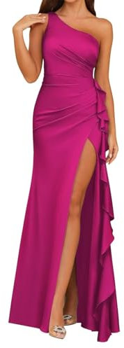 YIANN Vestido de dama de honor de satén con un hombro descubierto para mujer, plisado, fruncido, vestido de fiesta formal, fucsia, 44