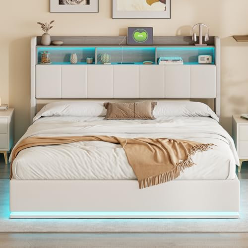 BLSYHDH Bett mit Stauraum, 160 x 200 cm, mit LED, gepolstertes Bett, hydraulisch, mit Bettkasten, Doppelbett, mit Stauraum mit Kopfteil und Lattenrost (Weiß + Flanell, 160 x 200 cm)