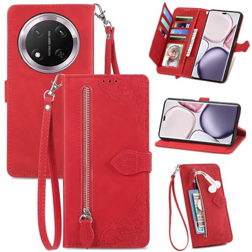 Fertuo Case for Honor Magic 7 Lite 5G, Leather Wallet Flip Book Cover with Card Holder, Stand and Hand Strap Pretty Flower Shockproof Shell Skin for Honor Magic 7 Lite 5G, Red