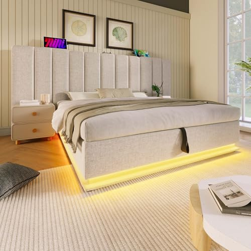 Moimhear Polsterbett,Doppelbett Stauraumbett mit App Control LED und USB-C Ladefunktion,Leinen,Ohne Matratze und Nachttisch (Beige, 180x200 cm)