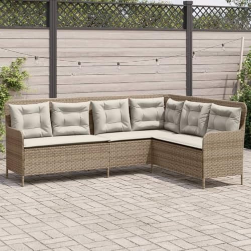 IKAYAA Poly Rattan Ecklounge 6 Personen Eckbank Gartengarnitur Gartenlounge Balkon Lounge Ecksofa Terrasse Sitzecke Eckgarnitur Garten Beige