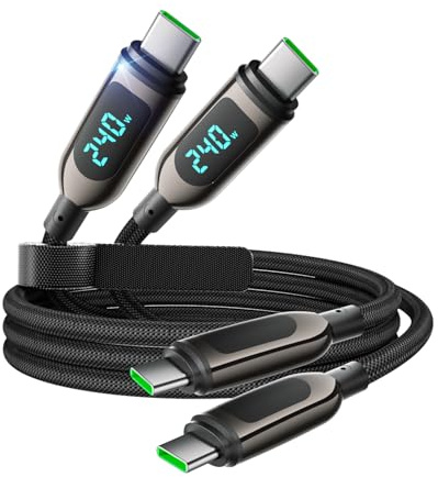 VisionSync 240W USB C to USB C Cable [4ft/2Pack],Nylon Braided Type C Fast Charging Cable with LED Display for iPhone 16/16 Pro Max/15/15 Pro Max, Samsung S25/S24 Ultra, MacBook, iPad, Laptop,Black