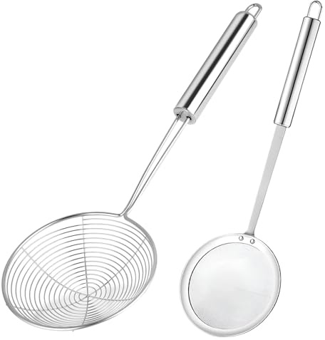 Omnikryp 2 Pezzi Schiumarola, Colino in Acciaio Inox, Ragno Cucina con Manico Lungo, Schiumarola Scolapasta per Cucinare in Cucina, Grigliare, Cuocere a Vapore e Scolare, Diametro: 14 cm, 12 cm