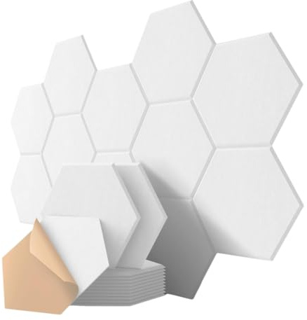 Wouueso Soundproof Hexagon Wall Panels, 12-Pack, 12in X 10in X 0.4in, Self-Stick for Enhanced Acoustics in Recording Studios & B