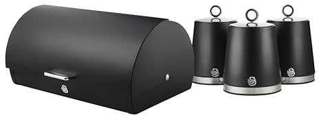 SWAN Serenity Bread Bin with Ventilation, Smooth Matt Finish and Roll Top Lid, 14 Litre and Set of 3 Kitchen Storage Canisters for Tea, Coffee, and Sugar, 1.3L, Black