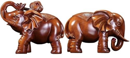 Fyrdyn Holzelefant Figur | Handgeschnitzte Holz Elefanten Statue - 1 Paar Wohnaccessoire Deko Skulptur Für Tisch Schreibtisch