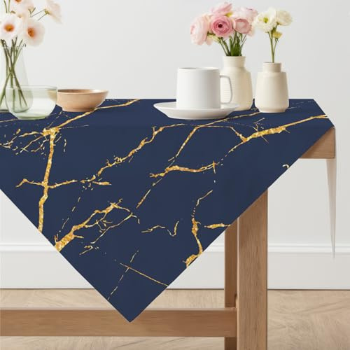 Arwllzz Tischdecke Leinenoptik Modern Abwaschbar 80 x 80 Quadratisch Mitteldecke Tisch Marmor Gold Tischwäsche Vintage Blau Tischdeko Geburtstag Landhausstil Tischtuch für Biertisch Party