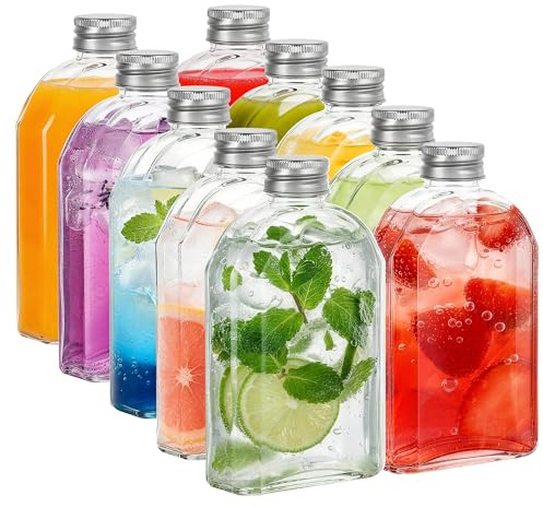 LIMILI 250ml Glass Flask Bottles with Screw Tops – 10 Pack, Wide Neck, Airtight & Leak-Proof, Reusable Glass Bottles for Home Brewing, Homemade Gin, Liqueurs, Syrups, Wine, Cider, Soda (250ml - 10pcs)