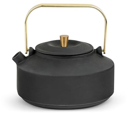 Bredemeijer elegante Guss Teekanne 1,0 Liter - schwarze, gusseiserne Kanne mit goldfarbenen Teefilter, Henkel & Deckelknopf - für alle Teesorten geeignet