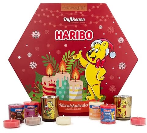 Haribo™ Adventskalender Duftkerzen, 10 Votivkerzen, 12 Teelichte, Duroplast & Glas, Paraffinwachs, Bunt