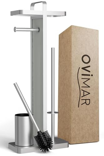 ovimar 4-in-1 Stand WC-Garnitur Tuapaat Silber – Red Dot Design Award Winner 2026 | Klobürste mit Silikonbürstenkopf, Toilettenpapierhalter mit Ersatzrollenhalter & Handy-Ablage, Edelstahl