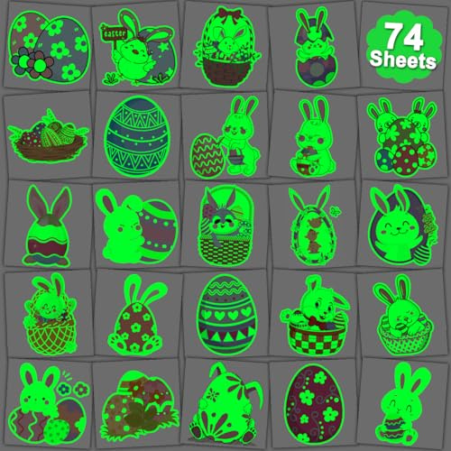 CHARLENT 74 Bögen Glow in the Dark Ostern Temporäre Tattoos für Kinder | Im Dunkeln leuchtende Tattoos mit Osterhasen- und Osterei-Motiven, ideal als Mitgebsel für Ostern und Kinderfeste