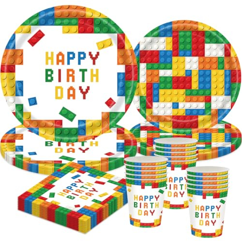 50 Stück Baustein Partygeschirr Set,Bunte Baustein Kindergeburtstag Deko | Baustein Geburtstagsparty Papiergeschirr,Bauklötze Geburtstag Mottoparty Einweggeschirr,Mit Teller Becher Servietten