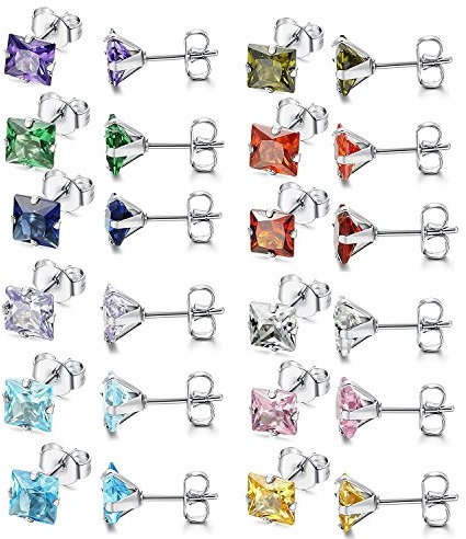 Flongo Lot de 12 Paires Clous d’Oreilles en Acier Inoxydable Incrusté de Zircon Style Simple à la Mode pour Femme Fille