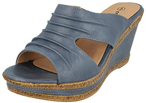 Ladies Leather Lined Peep Toe Mid Wedge Mule Sandals (Blue, Numeric_4)