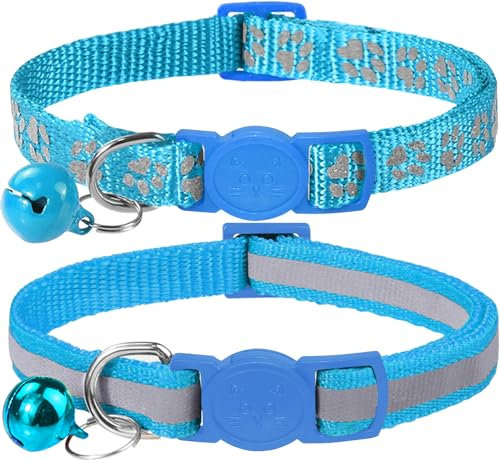 Taglory Reflektierend Katzenhalsband mit Sicherheitsverschluss und Glöckchen, 2-Stück Verstellbar Halsband Katze Kitten, 19-32cm Hellblau