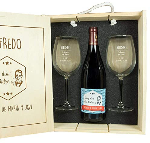 Kit con Botella de Vino + Copas de Vino + Caja de Madera. Todo Personalizable con Nombre, dedicatoria y Firma especial día del padre