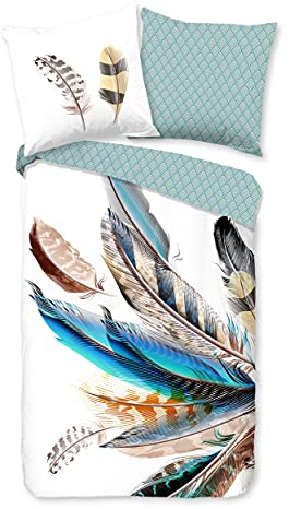 Traumschloss Renforcé Bettwäsche »Federn«, weiß mit verschiedenen Federn, Vogel, Pfau, 155x220 & 80x80, 100% Baumwolle, atmungsaktiv & weich, mit Reißverschluss bestehend aus Kissen und Bettbezug