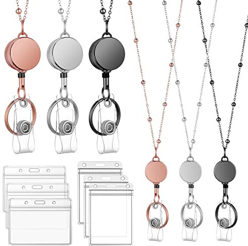 cobee Lot de 3 cordons rétractables avec porte-badge transparents étanches et porte-clés (or rose, noir, argenté)