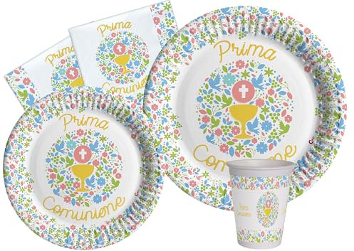 Kit Party Tavola Prima Comunione per 8 persone (44 pezzi: 8 piatti Ø23cm, 8 piatti Ø18cm, 8 bicchieri 200ml, 20 tovaglioli 33x33cm) in carta compostabile eco-friendly