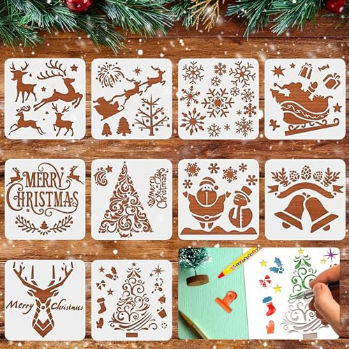 Schablone Weihnachten, 10 Stück Schablonen, Weihnachtsschablonen, Schablone Weihnachten, Fenster Schablonen Weihnachten, Schablonen Kinder Wiederverwendbar, Malschablonen für Kinder Weihnachten Advent