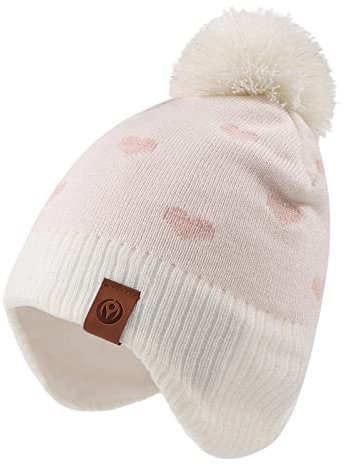 XIAOHAWANG Baby Strickmütze Winter Babymütze Junge Warme Kindermütze Junge Beanie Mütze Dicke Wintermütze für Herbst,Winter(Weiß Herz-Hut,4-7Jahren)