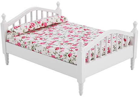 Alomejor Puppenhausbett, Blumenmuster, Mini-Möbel, Doppelbett für Puppenhaus Im Maßstab 1:12