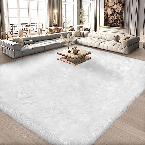 Ciicool Weißer Kunstfell-Teppich, 2.4x3.4 m, großer flauschiger Teppich, Kunstfell-Schaffell-Teppich für Wohnzimmer, Shaggy, waschbarer Teppich für Schlafzimmer, flauschiger Teppich, rechteckig